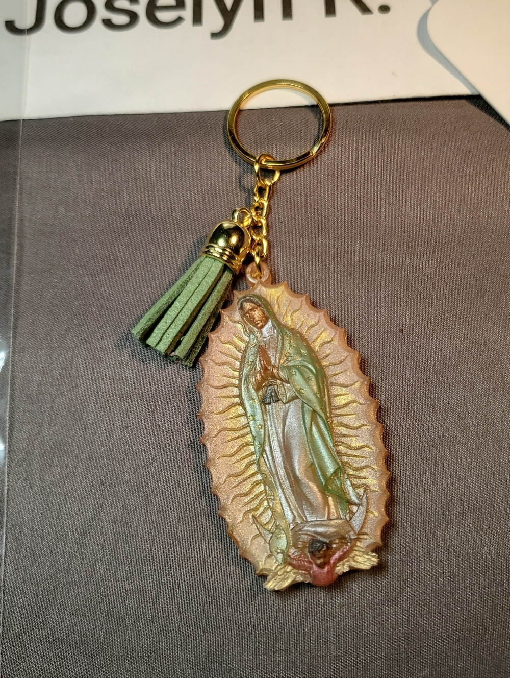 Hand-Painted Virgin Mary Resin Keychain with Tassel